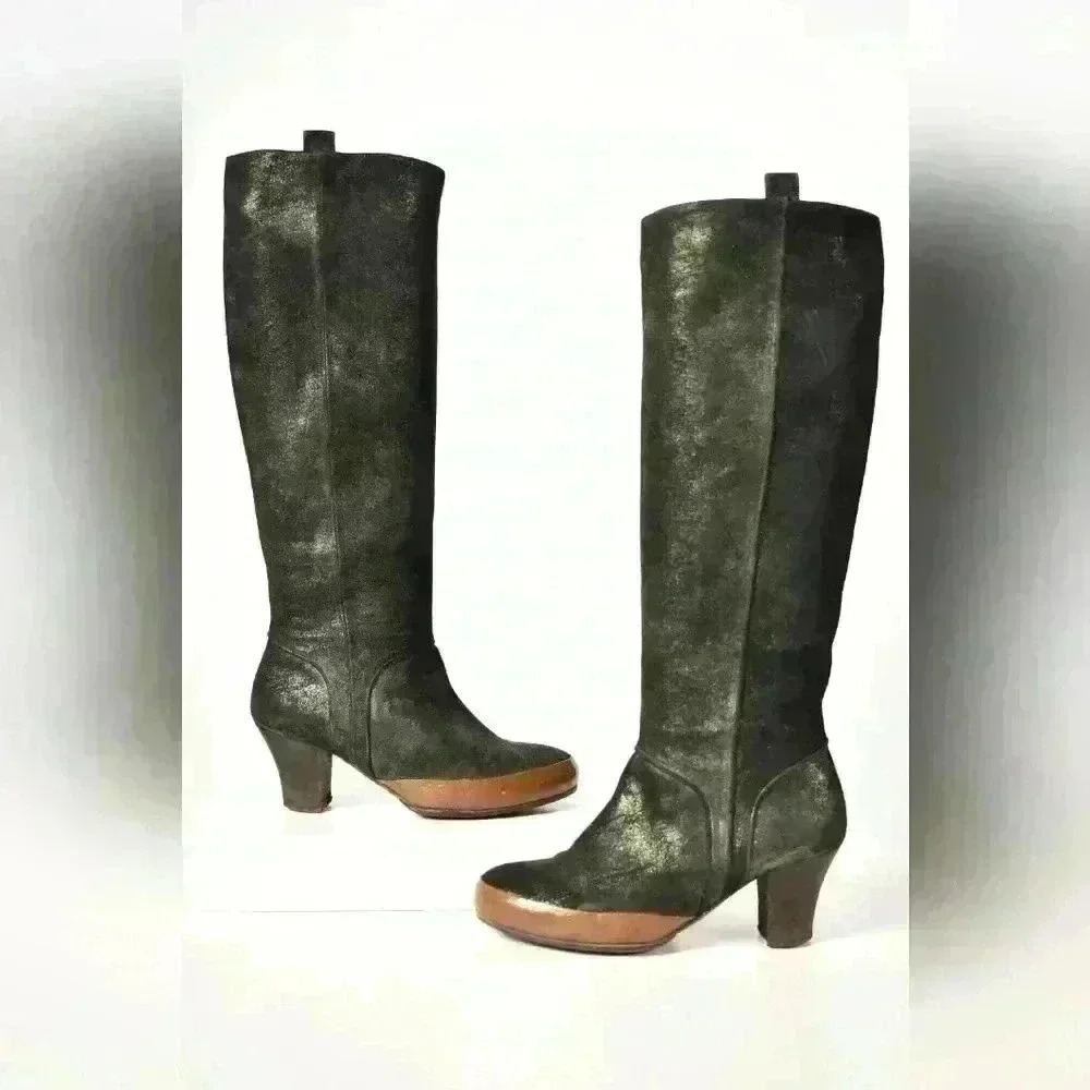 DRIES VAN NOTEN Emerald Green Distressed Metallic Leather Mid Calf Boots 9US